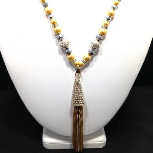 Artisan Gold Pearl Rhinestone Tassel Necklace 22” Vintage Inspired Jewelry - Picture 4 of 9